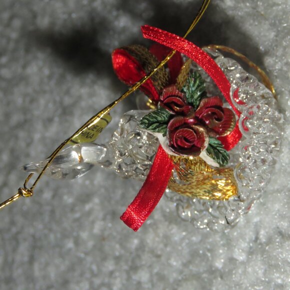 Vintage Clear Glass Holiday Christmas Candle Ornament w/Handle Red Roses Ribbon - Picture 4 of 16